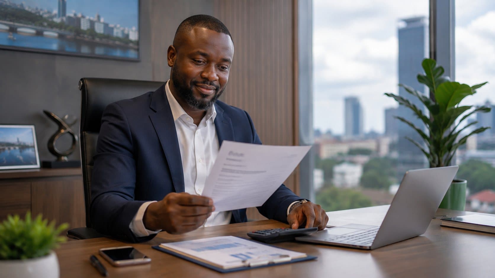 Homme d’affaires ivoirien consultant une facture à son bureau, ordinateur portable ouvert