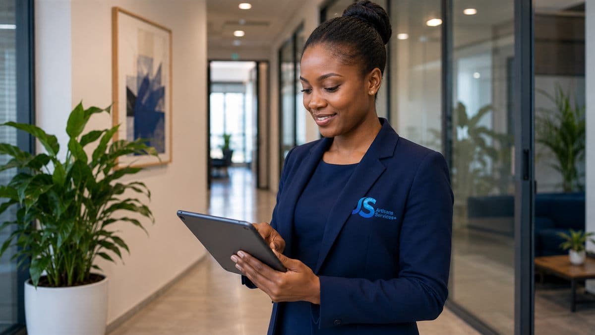 Responsable ASP consultant une tablette dans un couloir de bureaux