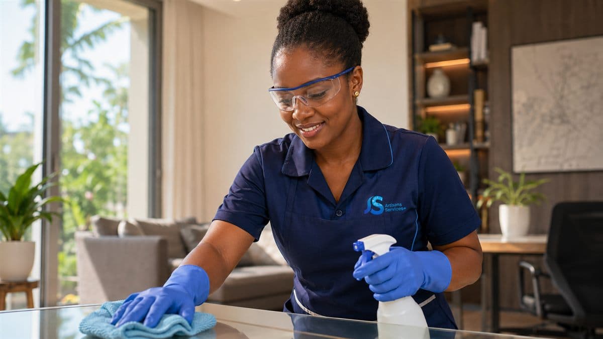 Employée ASP nettoyant une table vitrée